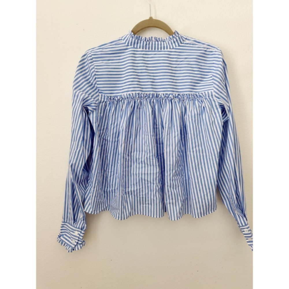 Veronica Beard Bluebell Stripe Ruffle Whitman Shirt Blouse Blue and White - Picture 5 of 9